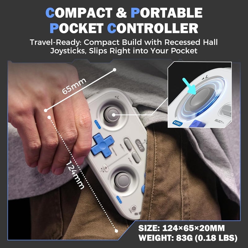 IINE Retro Pocket Wireless Game Controller – Compact Gamepad with Hall Effect Joysticks, Customizable Buttons, 1000Hz Polling Rate – Compatible with PC, Switch, Mobile, Steam Deck, Tablet (Black) - Image 3